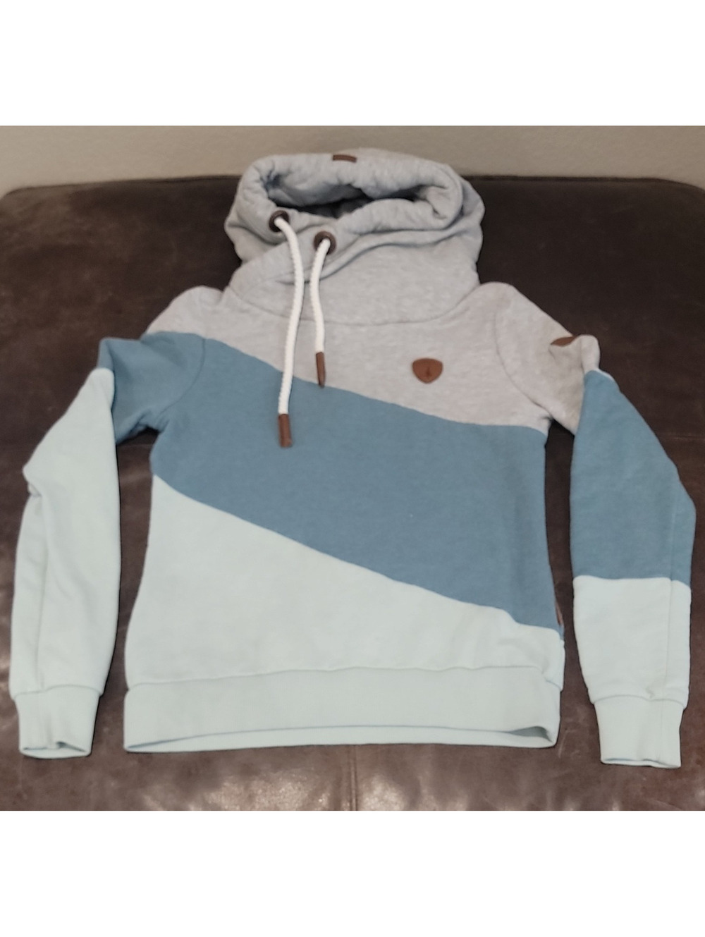 Wanakome Colorblock Cowl Neck Hoodie Womens Size M Gray Blue Mint Sweatshirt 376